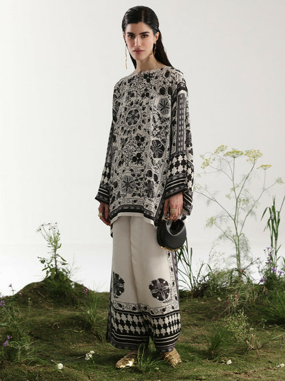 Bin Ilyas digital printed silk 2-piece co-ord set (Style 30082) shown on model; matching top and trouser in soft silk fabric with elegant fall and detailed print.