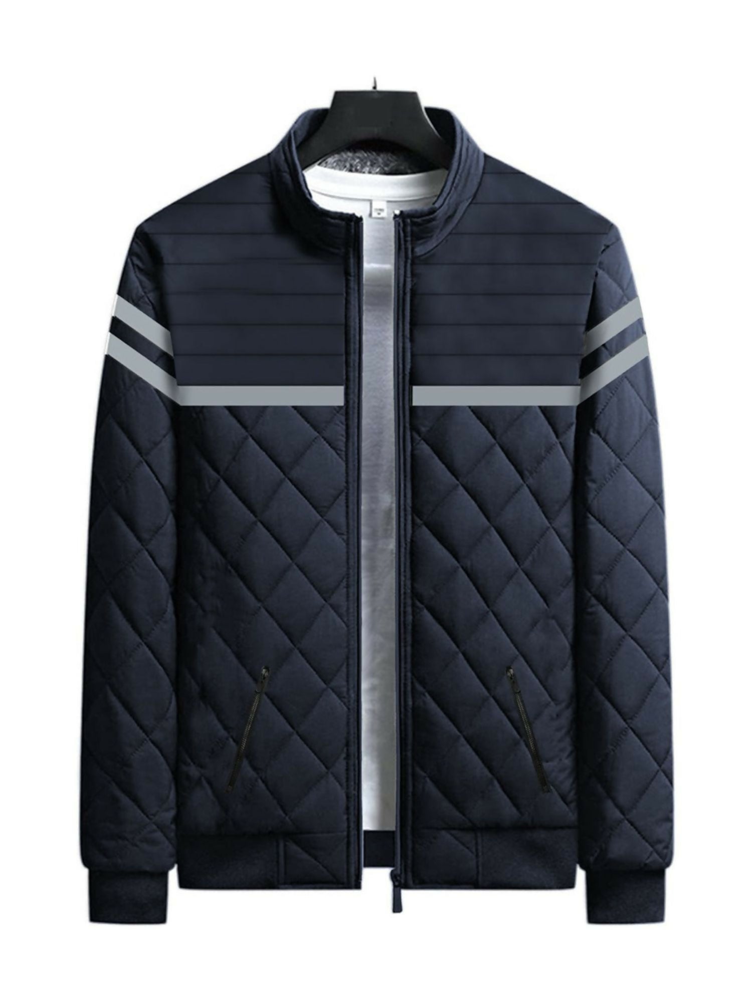 Black and Navy Imported Reflector Stripes Sherpa Winter Jackets-14743
