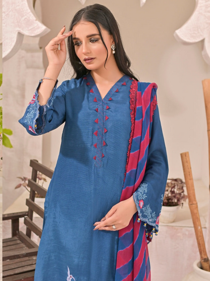 Ruby's Couture Panache Raw Silk Embroidered Stitched 3-Piece Suit-Blue Rush