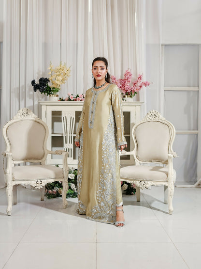 Farooq Hameed Studio Wedding Festive'25 Pure Glass Silk Embroidered Stitched 3-Piece Suit-Ismara