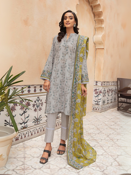 Nishat unstitched 3-piece lawn suit in lime green with floral print, voile dupatta, and cambric trouser.