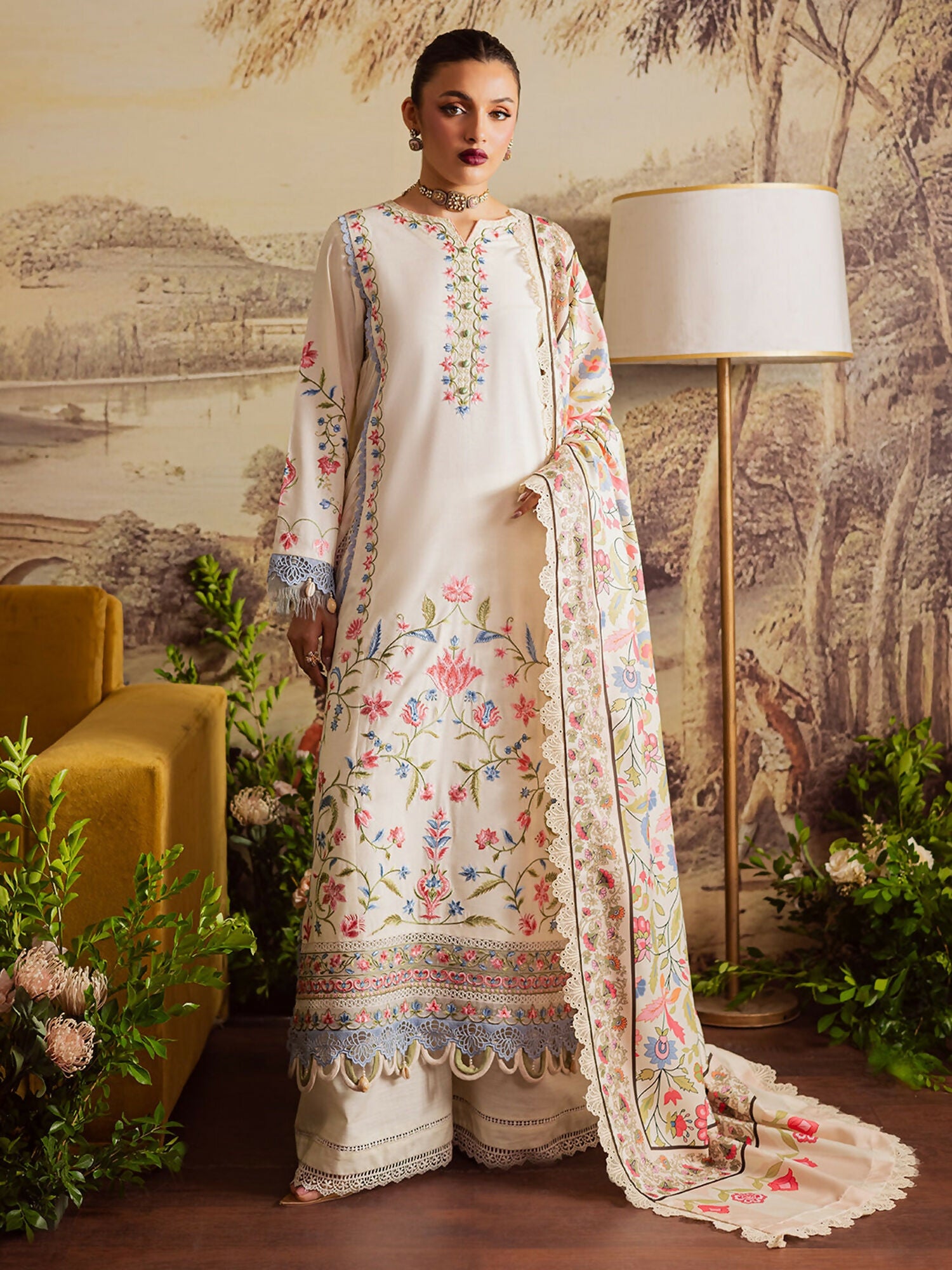 Unstitched 3-piece khaddar suit with embroidered shirt, printed wool shawl, and plain dyed trouser from Mahnur Nova Khaddar ’25 collection.