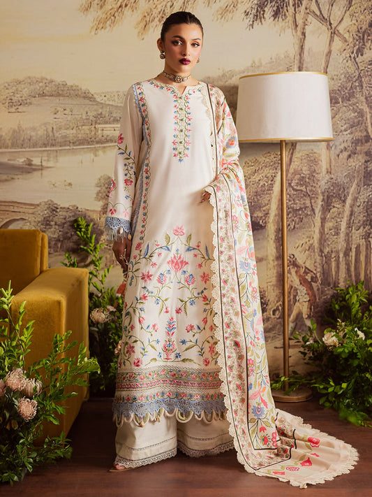 Unstitched 3-piece khaddar suit with embroidered shirt, printed wool shawl, and plain dyed trouser from Mahnur Nova Khaddar ’25 collection.