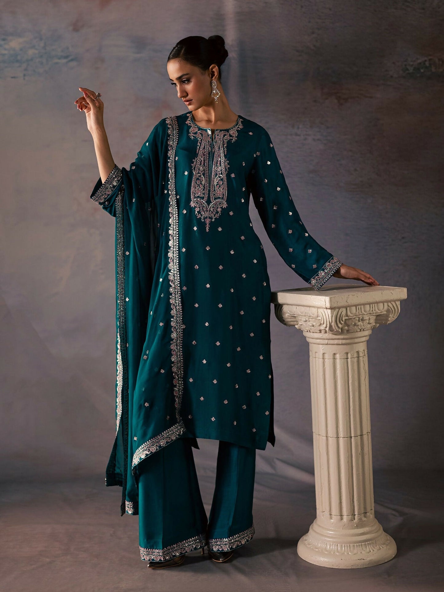 Allure By IH Be-My-Guest Thai Silk Embroidered Stitched 3-Piece Suit-Pine