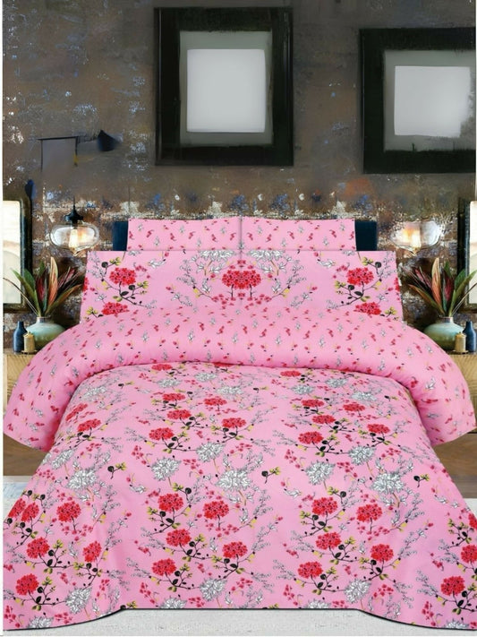 Pink Danier 6pcs Comforter Set featuring a red floral print, includes comforter, bedsheet, and 4 pillow covers – perfect for a soft and elegant bedroom setup.