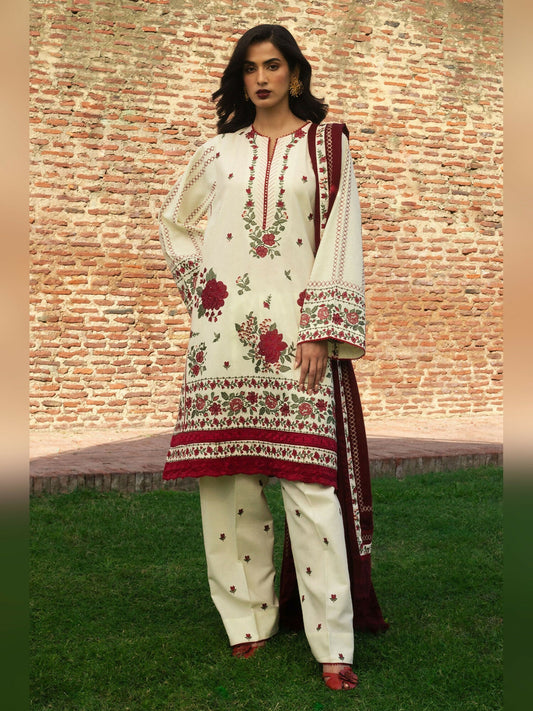 Off-White and red color of Zara Shahjahan Luxury Khaddar Embroidered Unstitched 3-Piece Suit-FARIDEH-D1