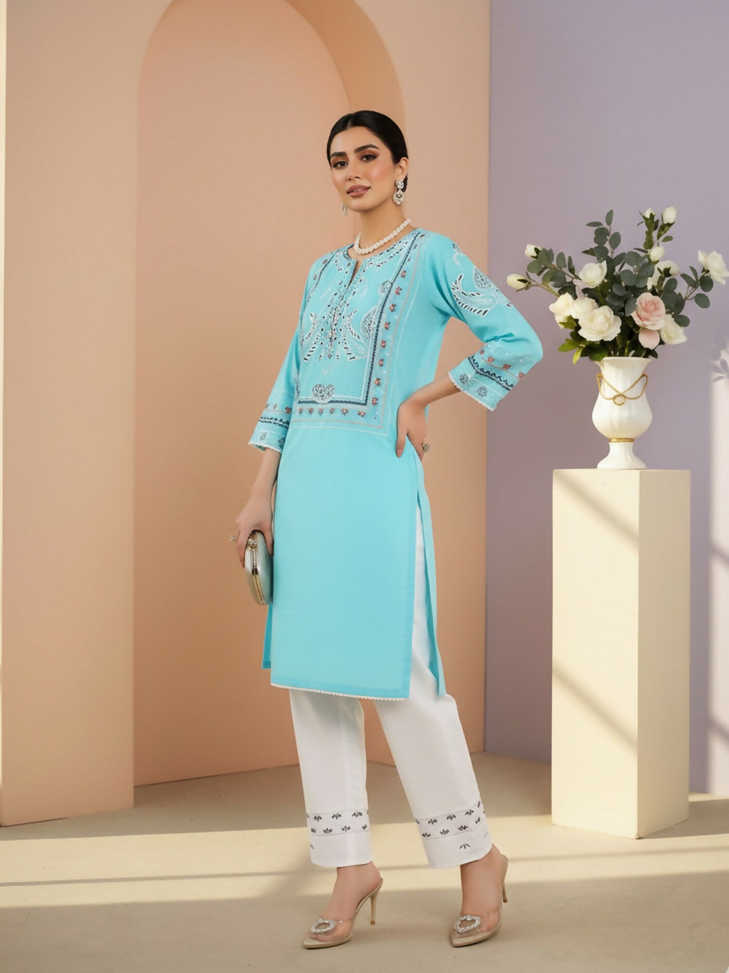 Zeephire Lawn Embroidered Stitched 2-Piece Suit-Sky Marriage