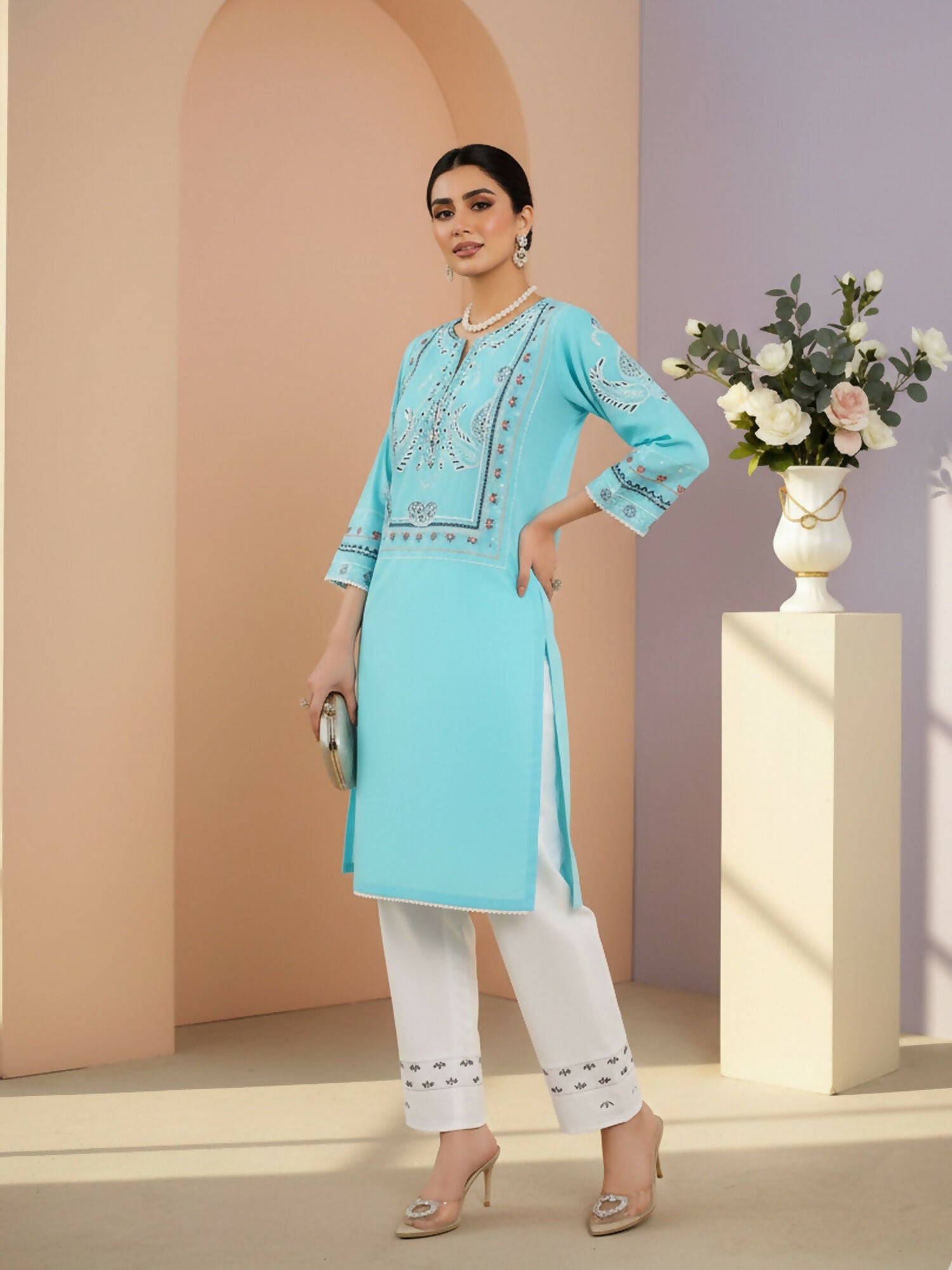 Zeephire Lawn Embroidered Stitched 2-Piece Suit-Sky Marriage