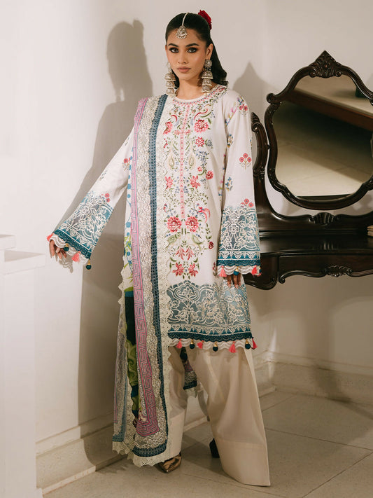 Unstitched 3-piece luxury lawn suit from Mahnur Shanaya Luxury Lawn collection with printed and embroidered shirt, printed silk dupatta, and dyed trouser.