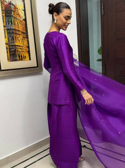 HU Studios Silk Stitched 3-Piece Suit-Banafshi Nikhaar