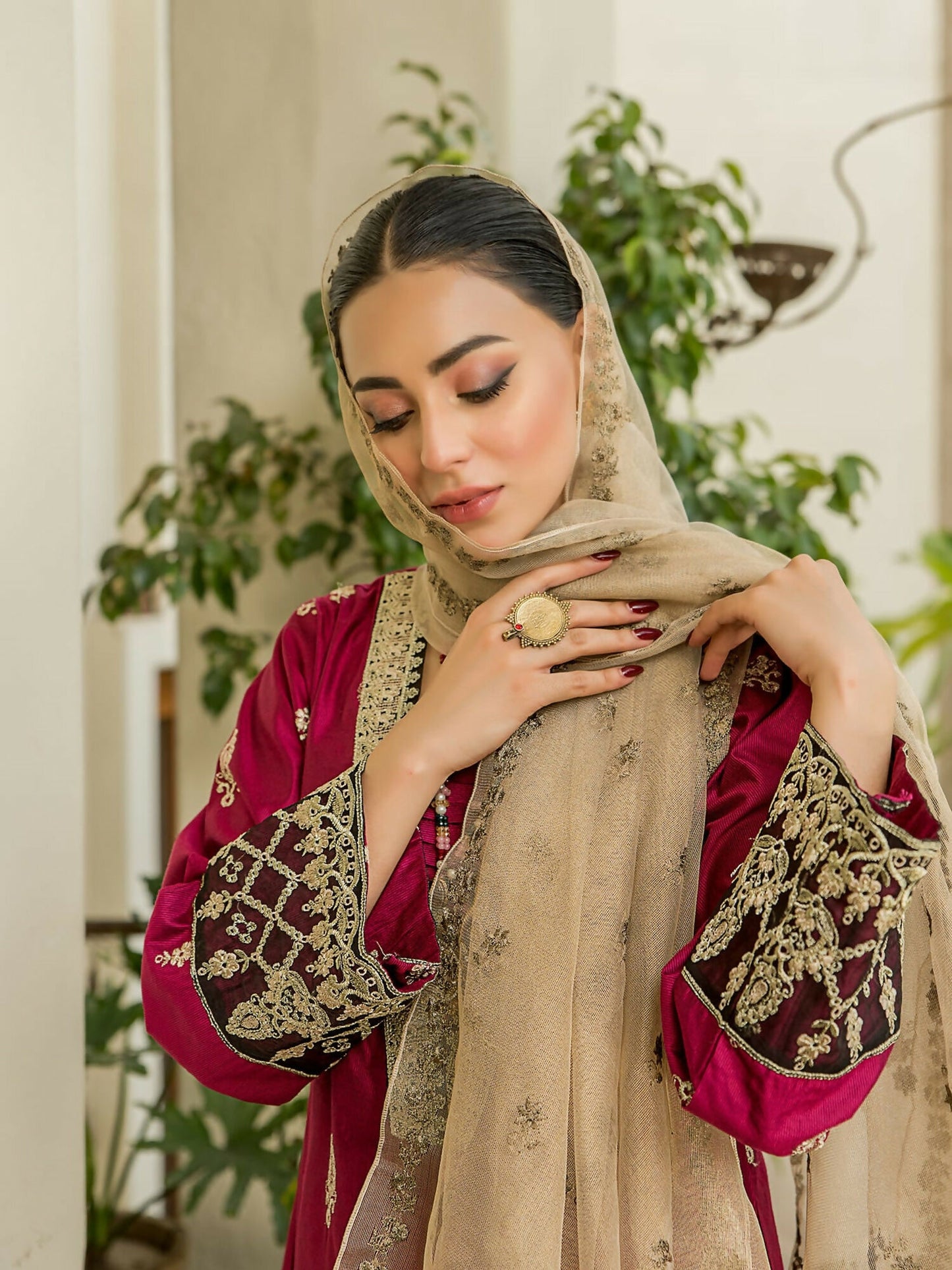 Panache Apparel Chambray Katan Embroidered Stitched 2-Piece Suit-Zaaviay