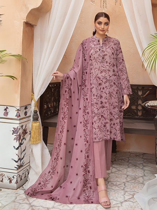 Nishat unstitched 3-piece lawn suit in tea pink with floral jaal print, voile dupatta, and cambric trouser.