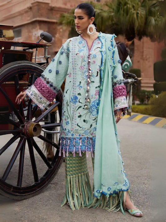 Unstitched 3-piece suit by Elan with embroidered lawn shirt, khaddi net embroidered dupatta, and cambric trouser.