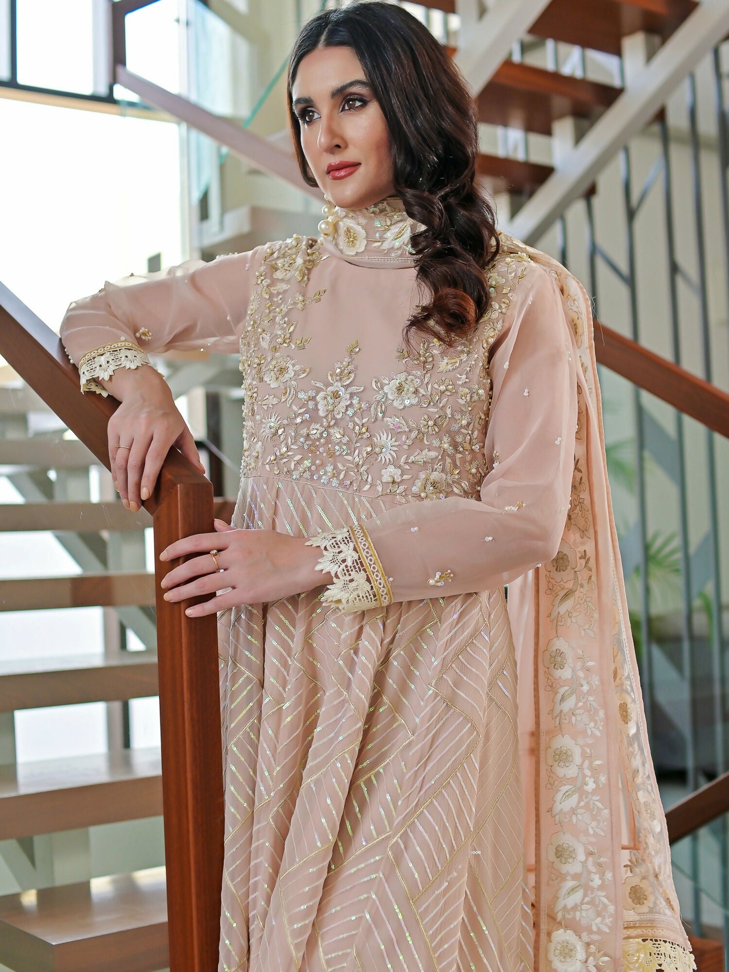 Farooq Hameed Studio Chiffon Embroidered Stitched 3-Piece Suit-Sandal