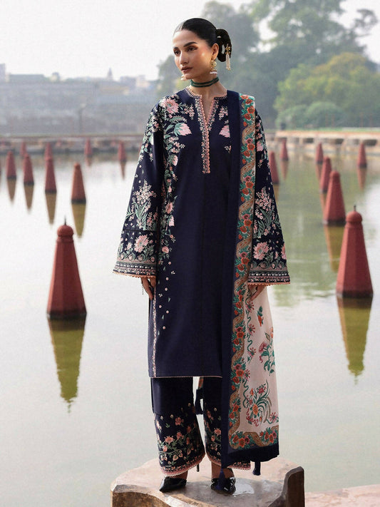 Jugnu By Hussain Rehar Khaddar'25 Embroidered Unstitched 3-Piece Suit-Navi