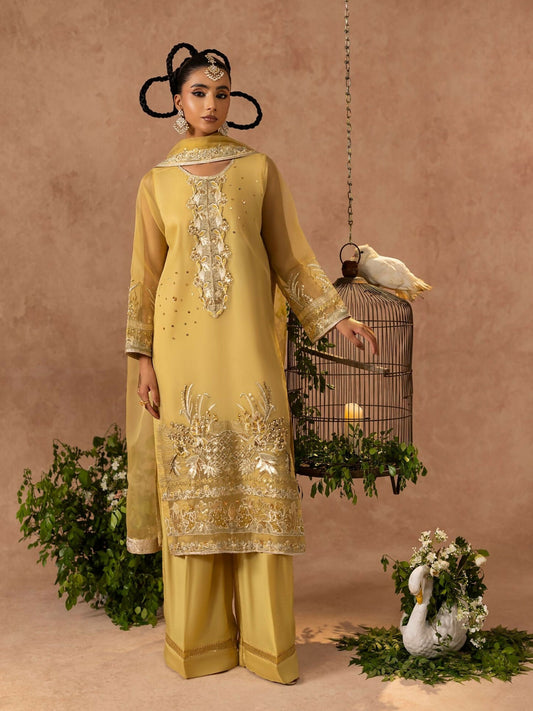 Shurooq Geet Organza Embroidered Stitched 3-Piece Suit-Jhoomar