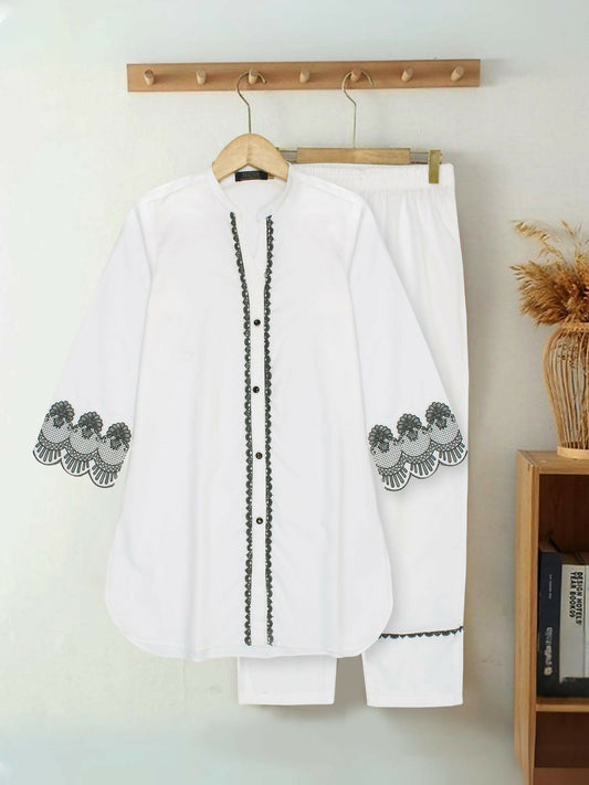 White and Black Velvour Girls Printed Co-ord Set-VG141-A