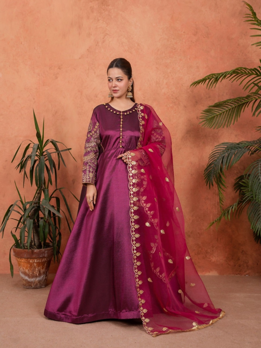 Stylish Collection Majeste Silk Embroidered Maxi-Zuri Plum