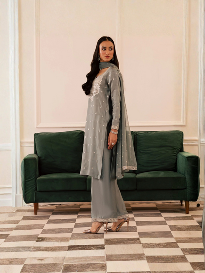 Allure By IH Be-My-Guest Thai silk Embroidered Stitched 3-Piece Suit-Wild Cold