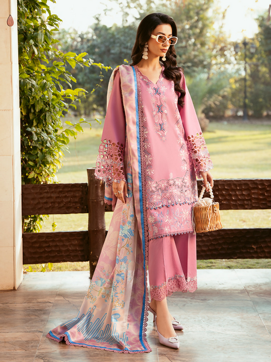 Three-piece lawn suit with borer embroidered front panels, organza and fabric daman laces, printed silk dupatta, and plain cotton trouser.
