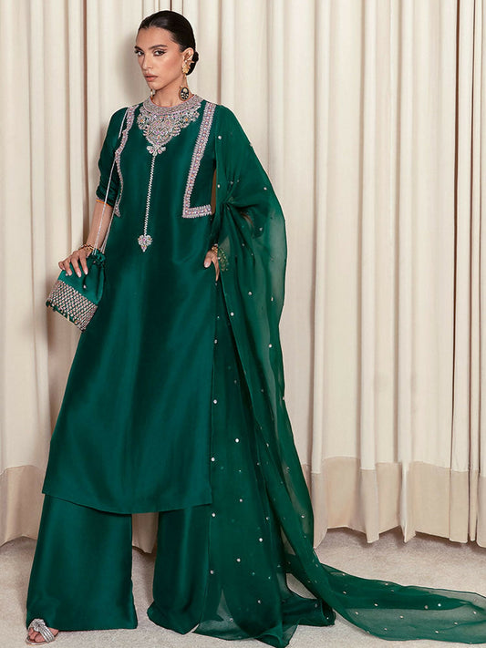 Hussain Rehar – Green Raw Silk Embellished Shirt with Palazzo Pants and Organza Dupatta