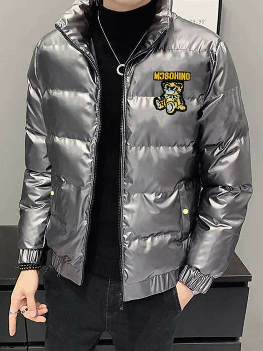 Black,White and Grey Funky Golden Bear Heavy Puffer Jacket-14270