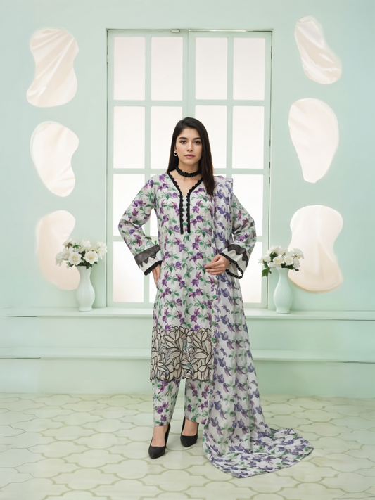 Stitched 3-piece suit for women with cotton lawn and slub shirt, matching cotton lawn trouser, and lightweight diamond Douria dupatta, designed for summer comfort and softness.