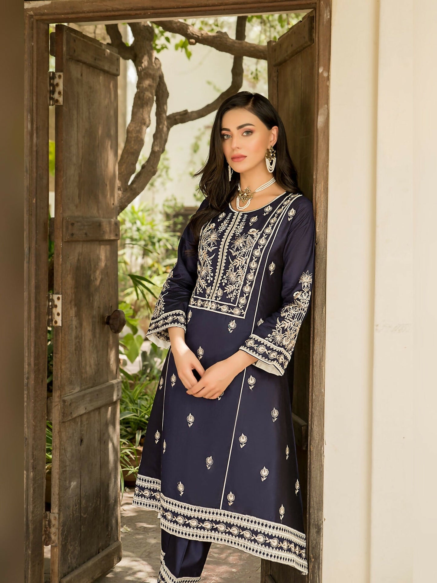 Panache Apparel Chambray Katan Embroidered Stitched 2-Piece Suit-Aroosh