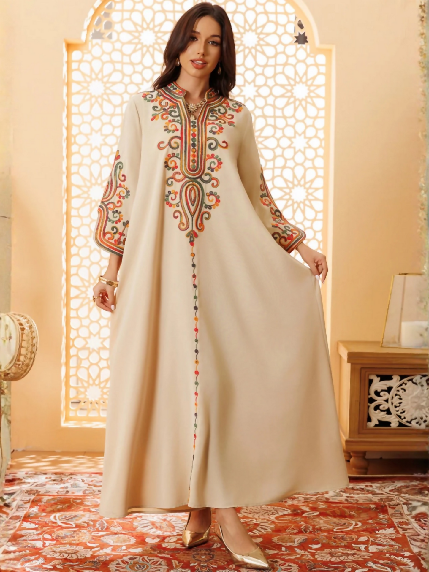 Beige-Duas Boutique Linen Embroidered Kaftan Set-Noor-e-Sahar
