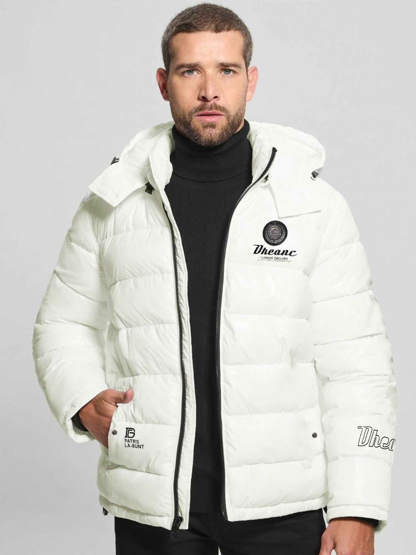 Funky Alpine Aura Heavy Padded Puffer Jacket for Men, imported premium winter wear made from 100% micro synthetic polyester with water-repellent, snow-repellent, and wind-blocking features, designed with back stone work fashion patch and front logo.