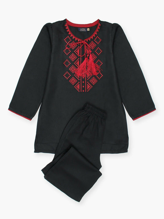 Velvour Girls Cotton Embroidered Stitched 2-Piece Suit-VG125-B