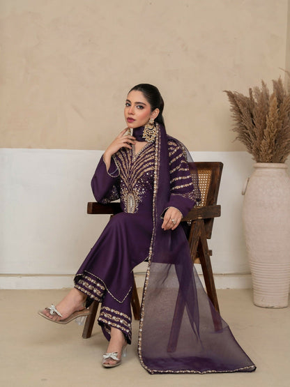 Stylish Collection Royal Pret Linen Embroidered Stitched 3-Piece Suit-Jazmine Purple