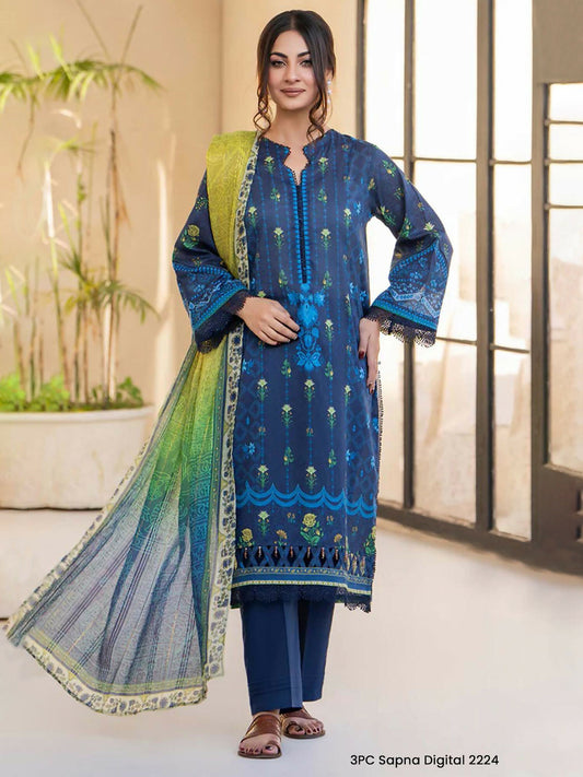 Unstitched 3-piece suit featuring navy digital printed slub lawn shirt with lime green and cyan patterns, ombré fancy fabric dupatta in green and blue, and plain navy lawn trouser.