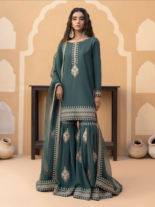 Hemstitch Raw Silk Embroidered Stitched Gharara-Jasmine