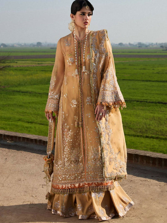 Mustard Hussain Rehar Luxury Organza Embroidered Unstitched 3-Piece Suit-Sundal