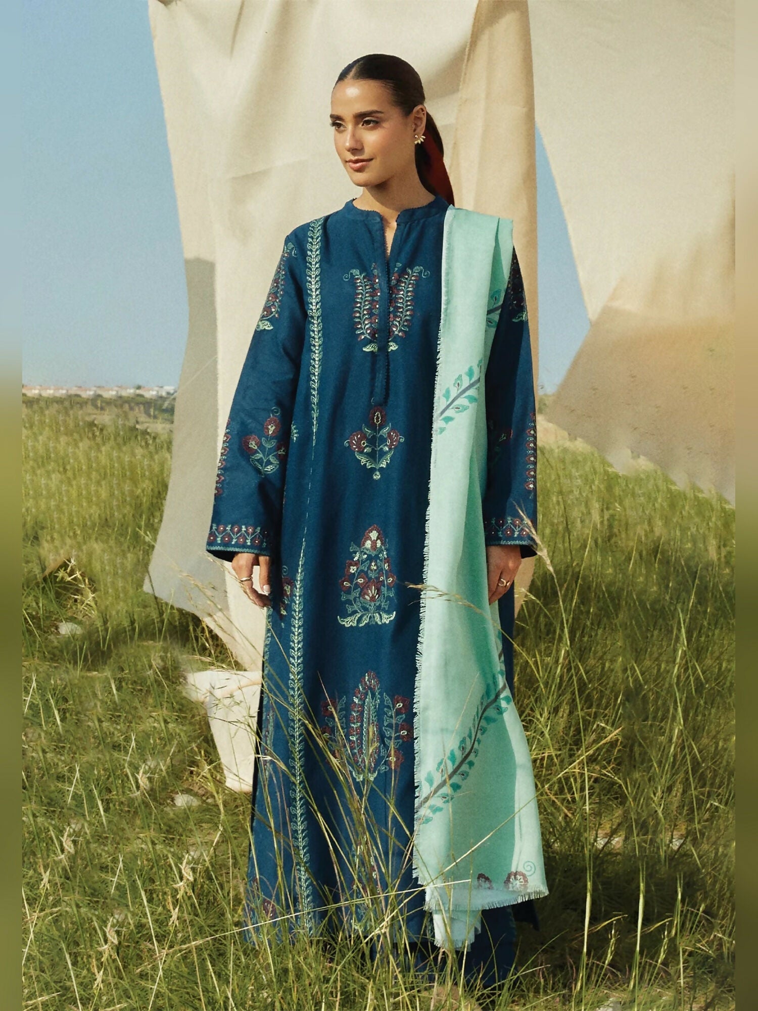 Navy blue embroidered khaddar unstitched 3-piece suit with printed shawl by Zara Shahjahan.