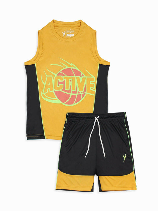 Yellow and Black Velvour Boys & Girls Printed Track Suit-VST60