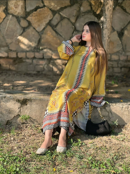 Tehzeeb Libas Silky Lawn Printed Stitched 2-Piece Suit-YELLOW BLUSH