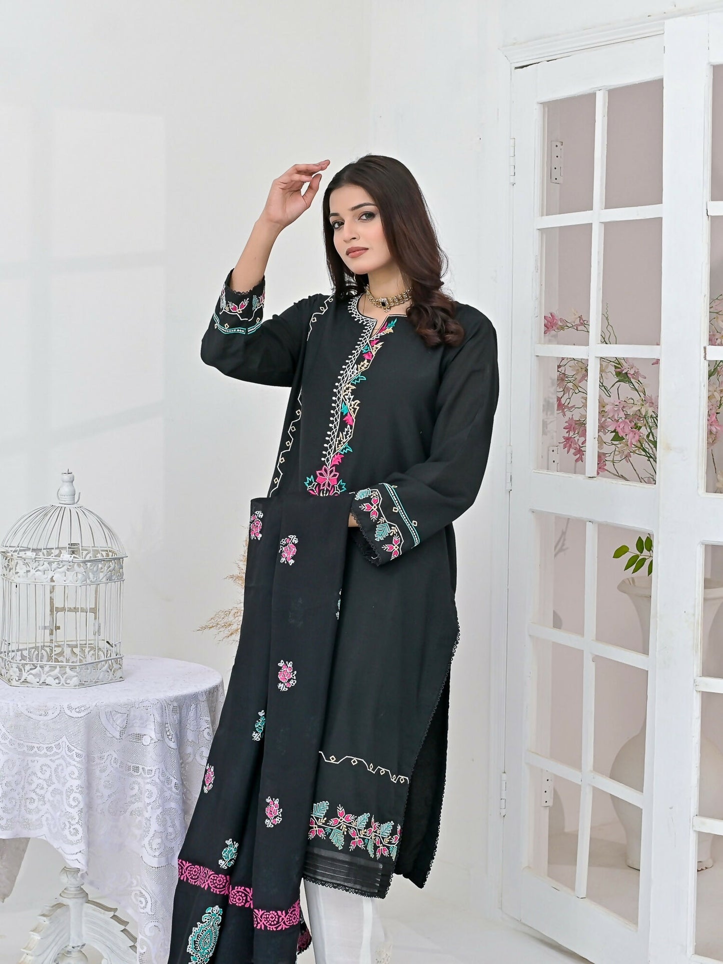 Ruby's Couture Chamak Dhamak Khadi Silk Embroidered Stitched 3-Piece Suit-Marvi