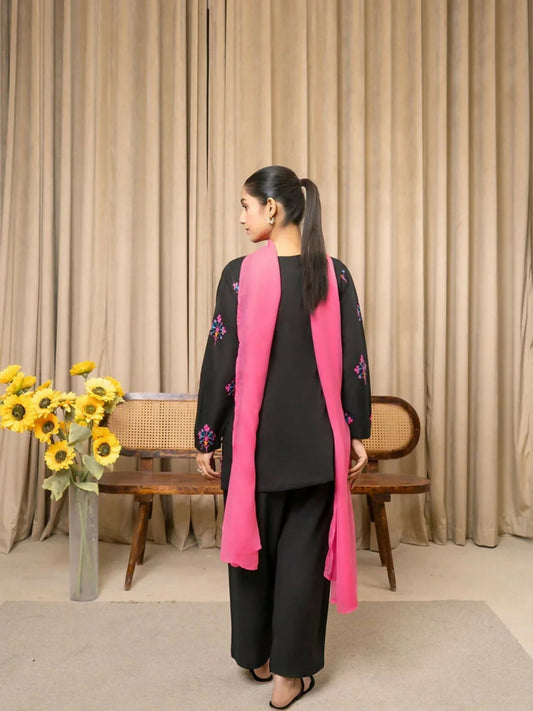 Stylish Collection Serene Summer Linen Printed Stitched 3-Piece Suit-Black Blossom