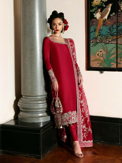 Hussain Rehar unstitched 3-piece suit with embroidered raw silk shirt, organza embroidered dupatta, and raw silk churidar.