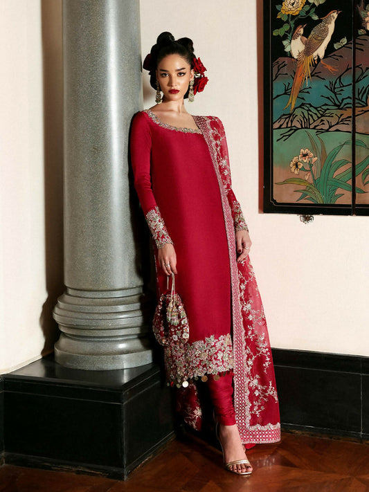 Hussain Rehar unstitched 3-piece suit with embroidered raw silk shirt, organza embroidered dupatta, and raw silk churidar.