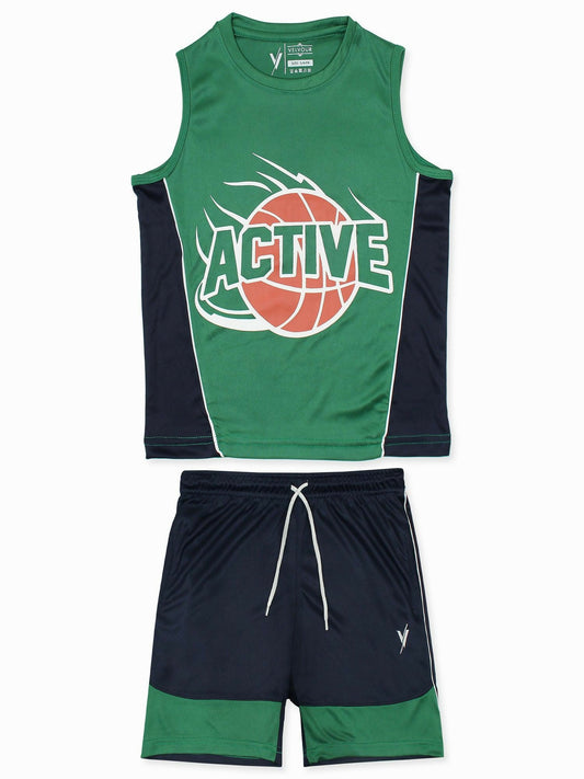 Green and  Black Velvour Boys & Girls Printed Track Suit-VST60
