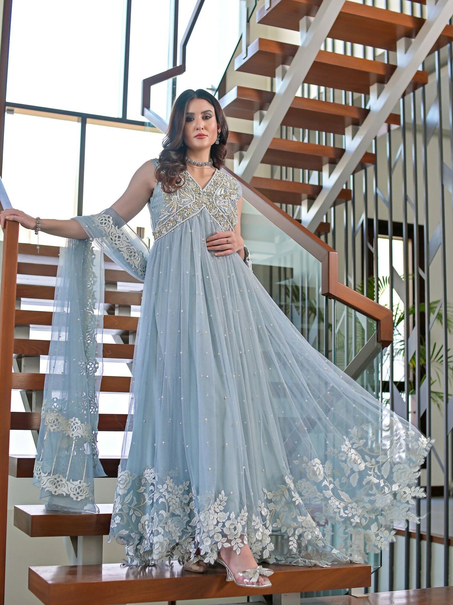 Farooq Hameed Studio Net Embellished Stitched 3-Piece Suit-Laira