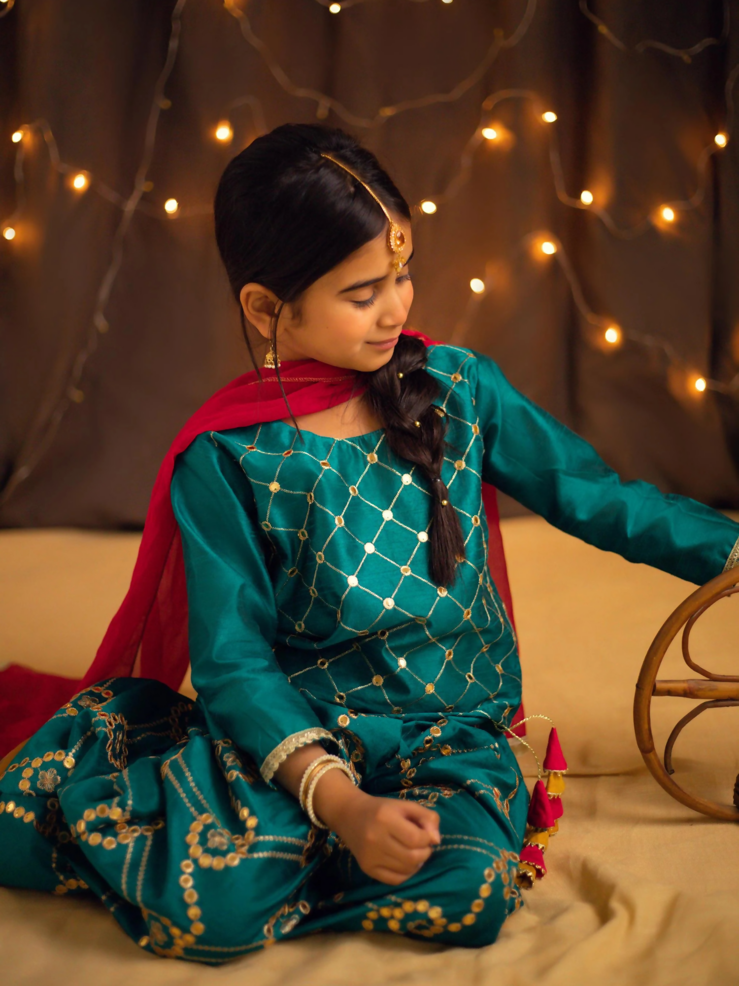 Kidoz Kloset Raw Silk Embroidered Stitched 3-Piece Suit-Dazzling Delight-Teal Embroidered Palazzo Set