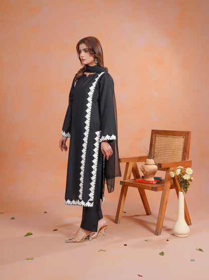 Tawakal Closet Dhanak Embroidered Stitched 3-Piece Suit-Blackish