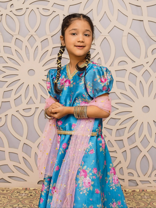 Kidoz Kloset Rang Rasiya Raw Silk Printed Stitched 3-Piece Suit-Aqua Rose-Girl