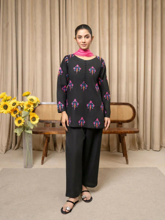 Stylish Collection Serene Summer Linen Printed Stitched 3-Piece Suit-Black Blossom