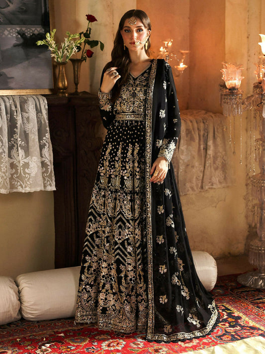 Mahnur embroidered unstitched 3-piece chiffon suit with embroidered chiffon dupatta and raw silk trousers