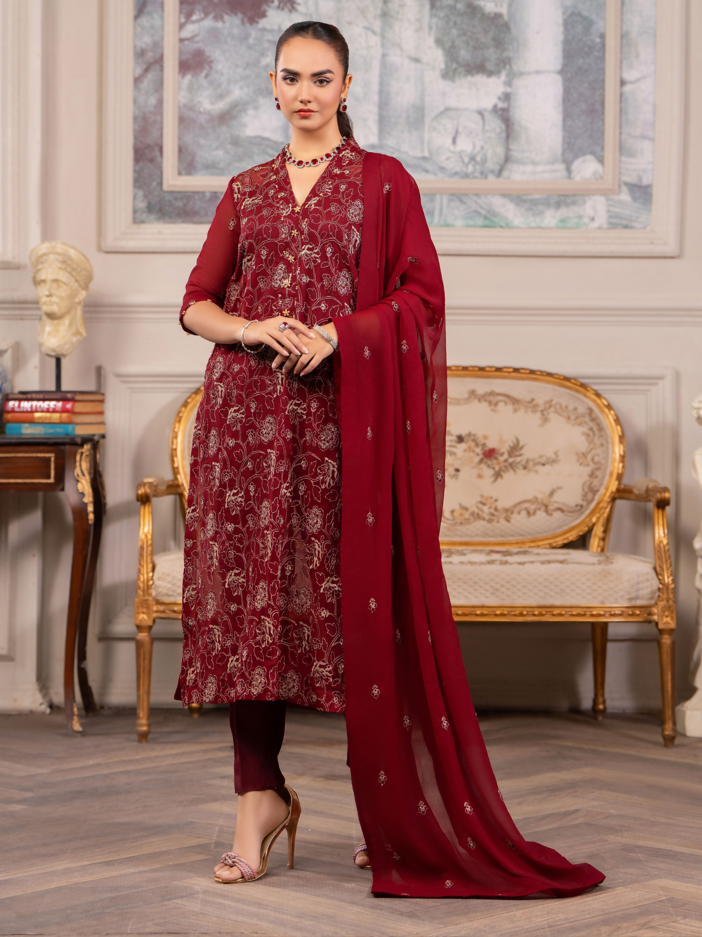 Hemstitch Chiffon Embroidered Stitched 3-Piece Suit-Melina